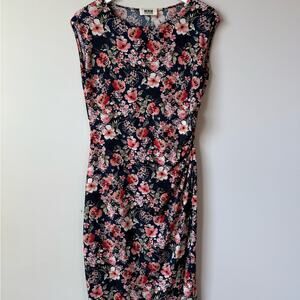 Verse | Floral Stretch Knit Faux Wrap Dress Size Medium Navy Pink